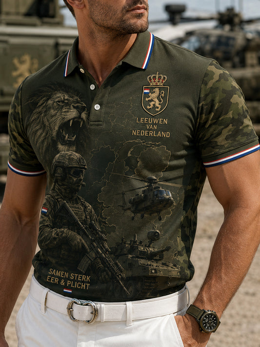 Herenpoloshirt met korte mouwen en vintageprint in militaire stijl