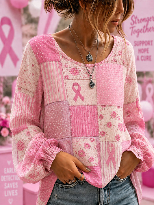 Ondersteuningsshirt voor borstkankerbewustwording bij vrouwen met bloemen en roze lint, katoen-linnen shirt