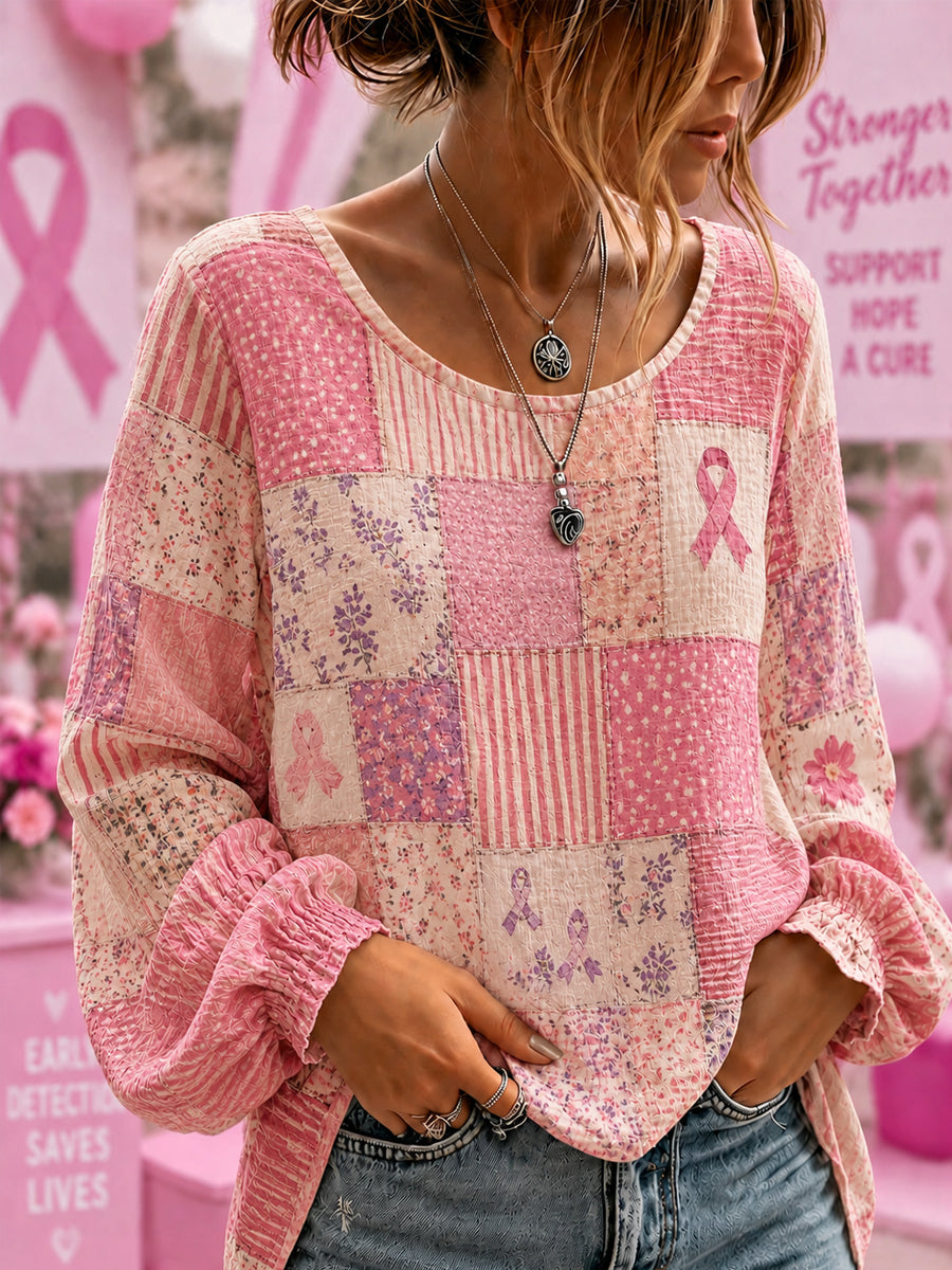 Ondersteuningsshirt voor borstkankerbewustwording bij vrouwen met bloemen en roze lint, katoen-linnen shirt