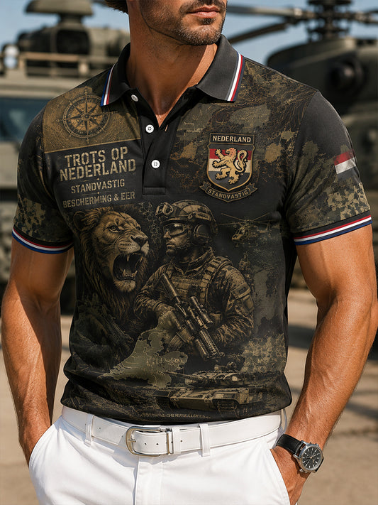 Herenpoloshirt met korte mouwen en vintageprint in militaire stijl