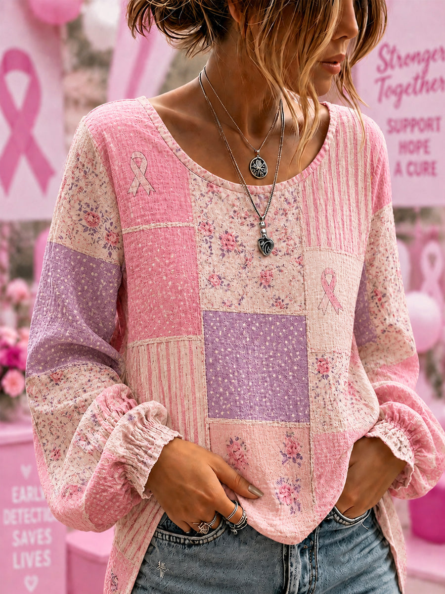 Ondersteuningsshirt voor borstkankerbewustwording bij vrouwen met bloemen en roze lint, katoen-linnen shirt