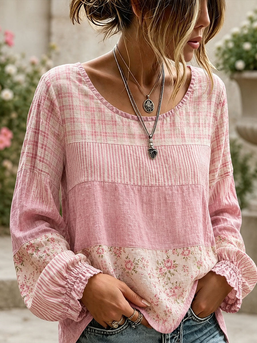 Elegant patchwork kunstlinnen shirt voor dames