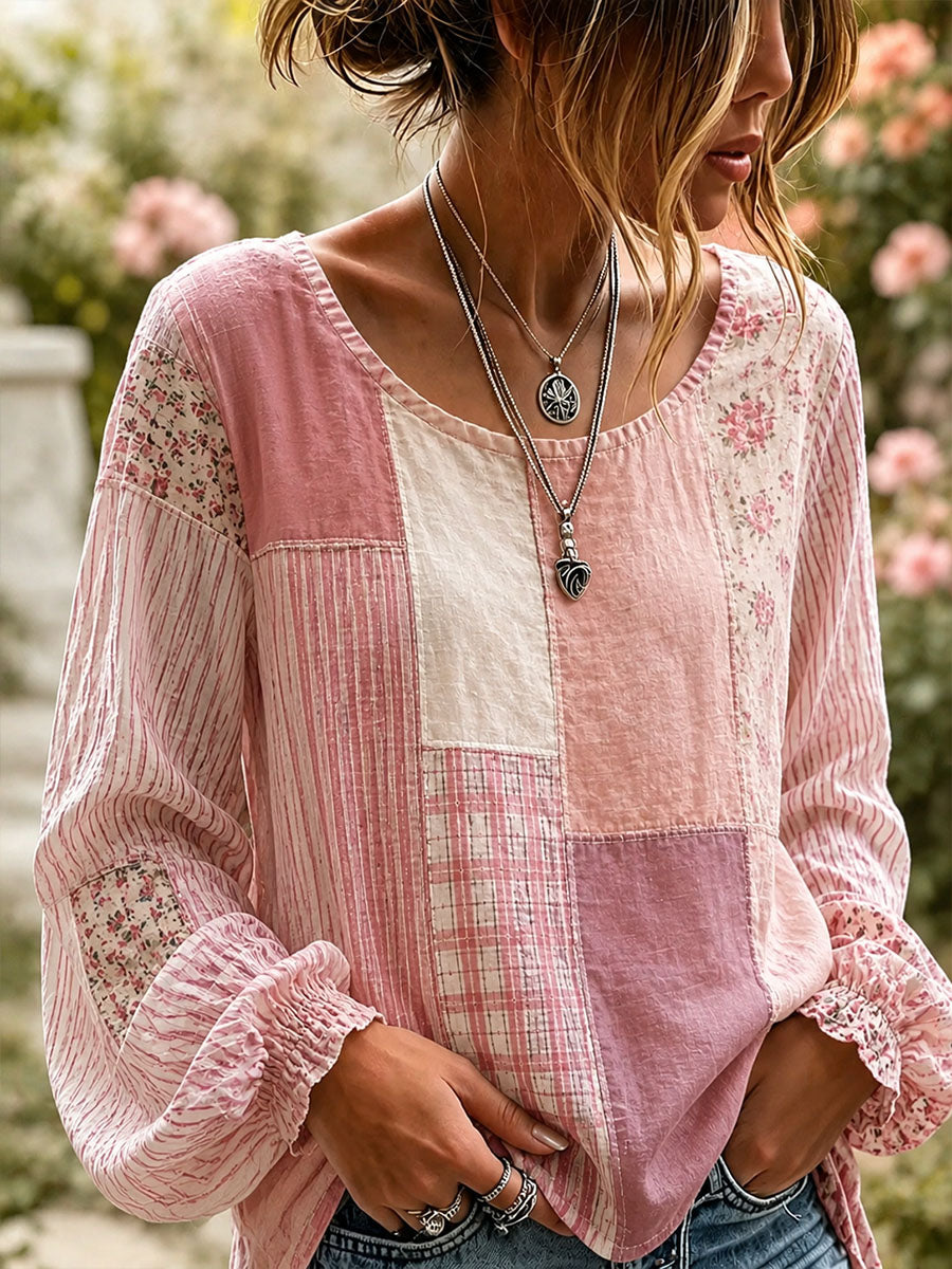 Elegant linnen overhemd voor dames met patchworkontwerp