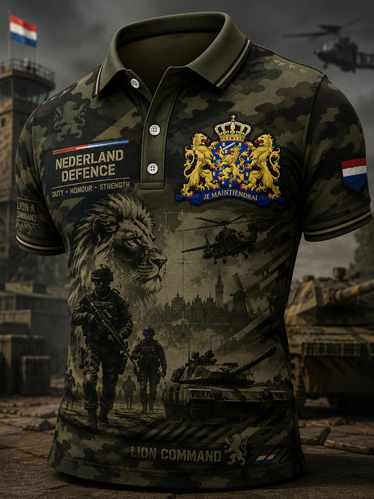 Herenpoloshirt met korte mouwen en vintageprint in militaire stijl
