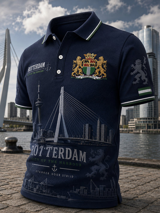Herenpoloshirt met korte mouwen en vintageprint in souvenirstijl van een stad