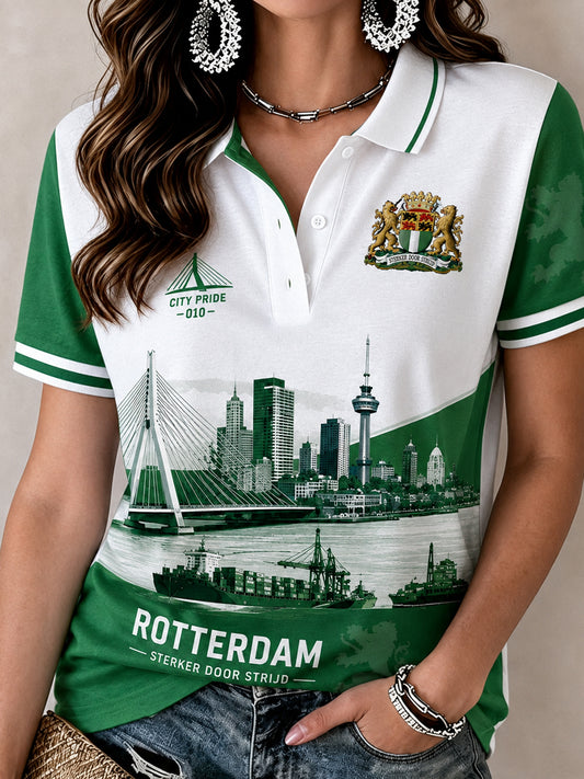 Damespoloshirt met korte mouwen en vintageprint in souvenirstijl van een stad