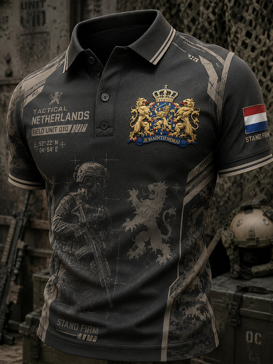Herenpoloshirt met korte mouwen en vintageprint in militaire stijl