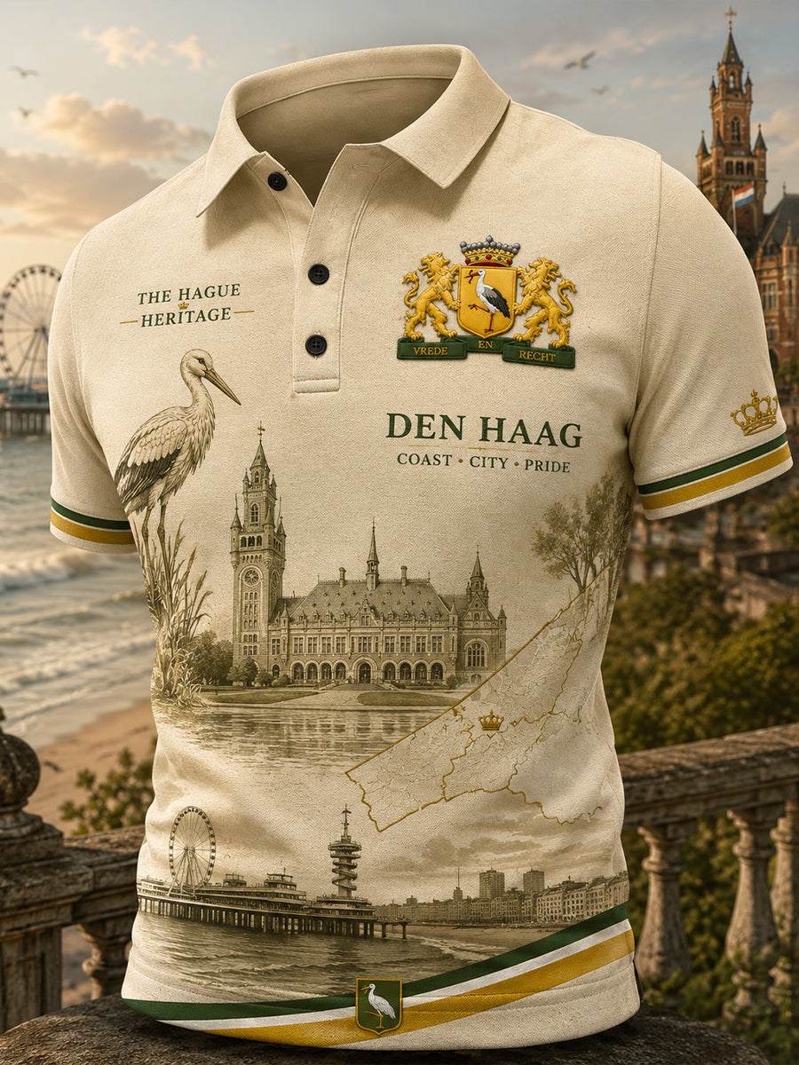 Herenpoloshirt met korte mouwen en vintageprint in souvenirstijl van een stad