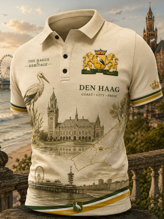 Herenpoloshirt met korte mouwen en vintageprint in souvenirstijl van een stad
