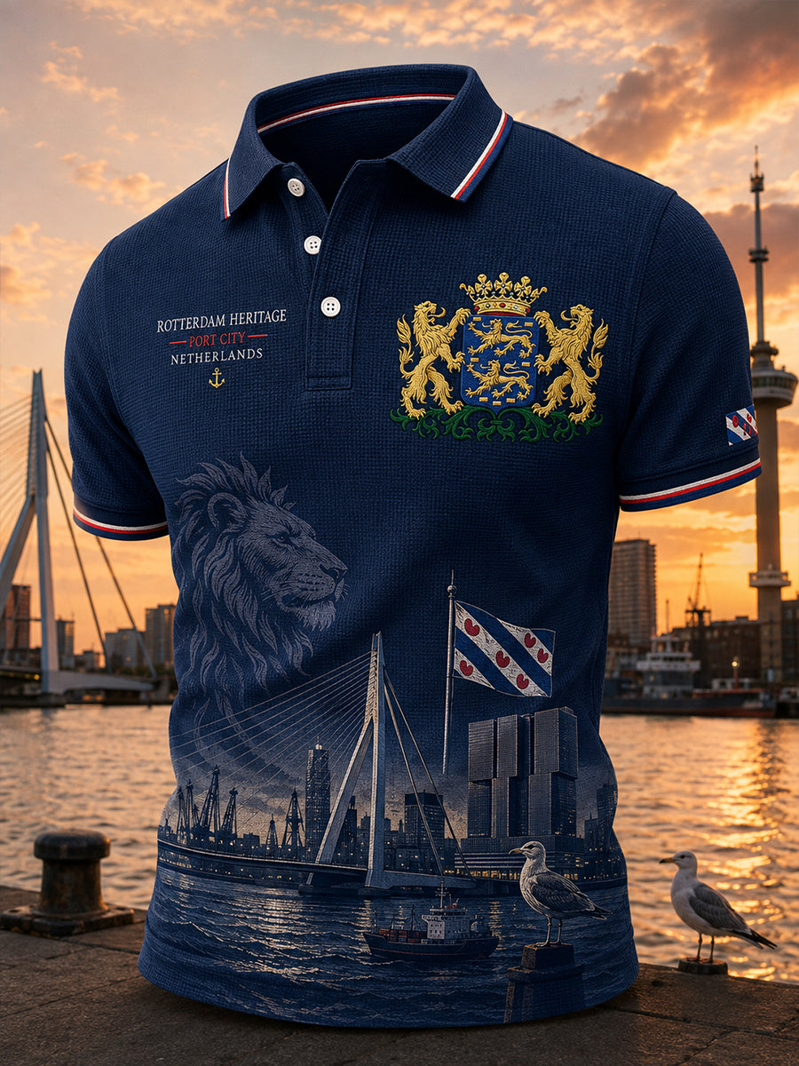 Herenpoloshirt met korte mouwen, grafisch dessin in stadsthema, gewafeld gebreid