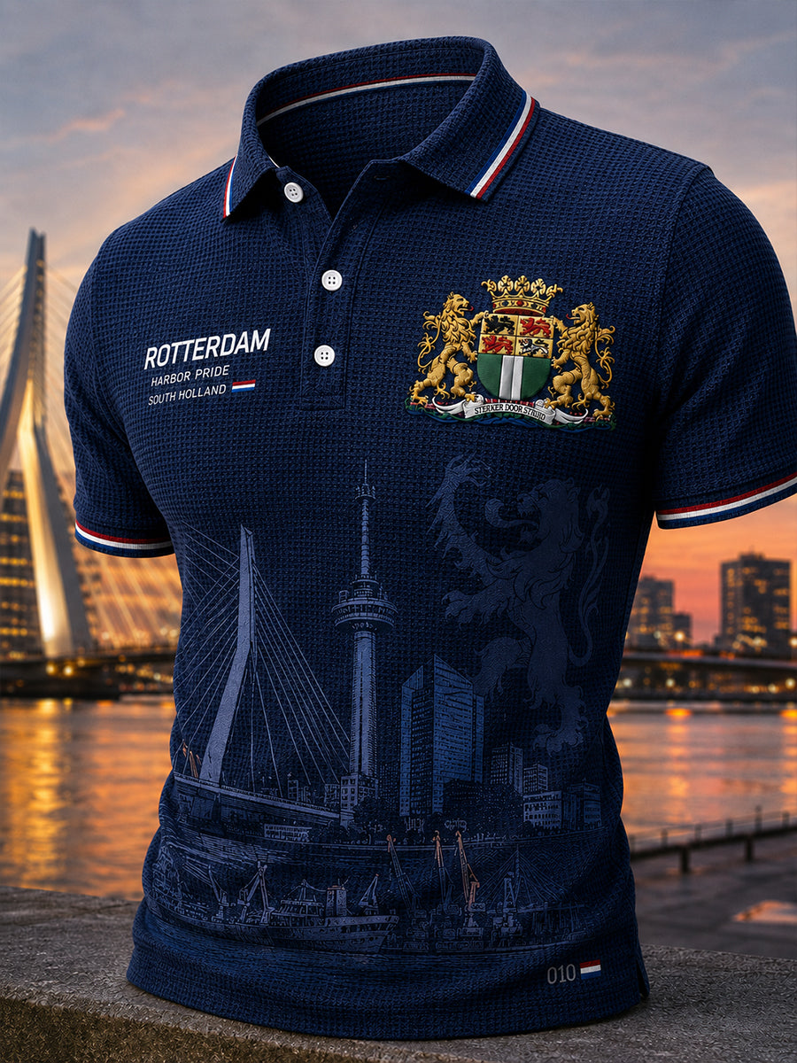 Grafische wafel-gebreid poloshirt met korte mouwen voor heren