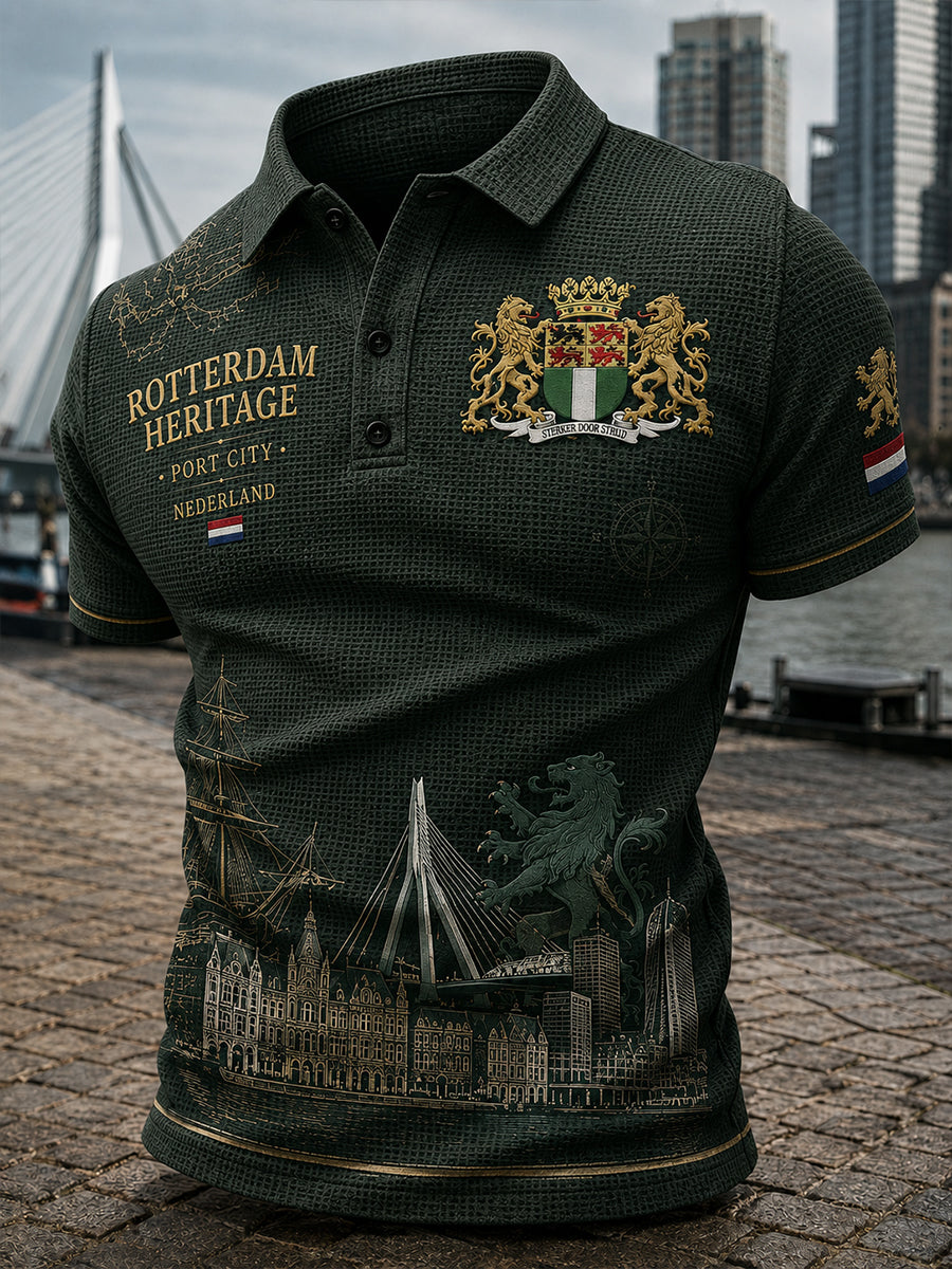 Herenpoloshirt met korte mouwen, grafisch dessin in stadsthema, gewafeld gebreid