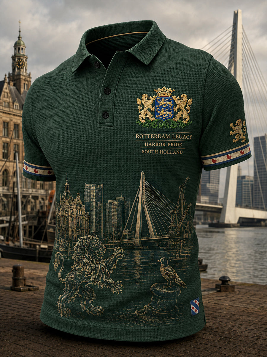 Herenpoloshirt met korte mouwen, grafisch dessin in stadsthema, gewafeld gebreid