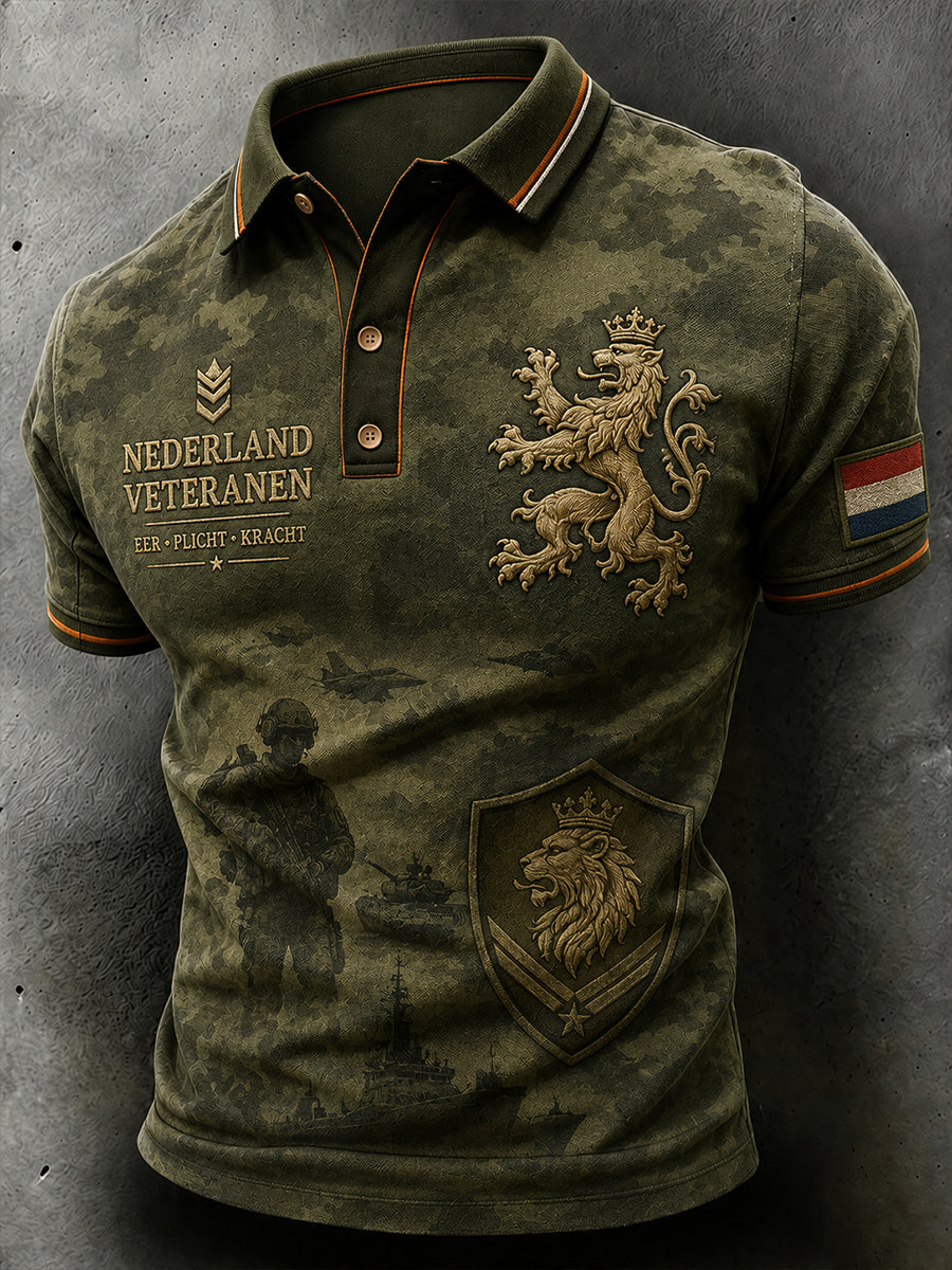 Herenpoloshirt met korte mouwen en vintageprint in militaire stijl