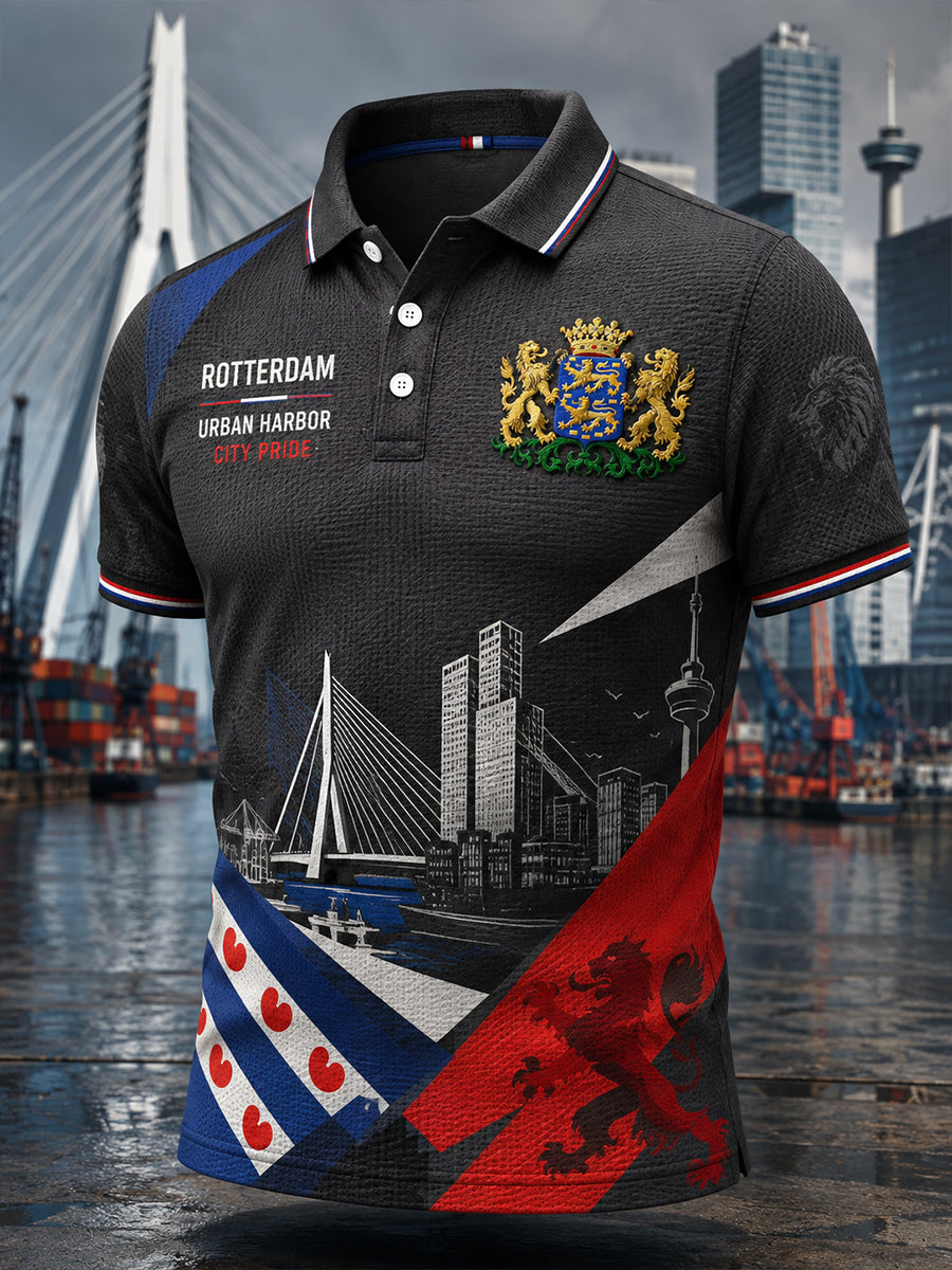 Herenpoloshirt met korte mouwen, grafisch dessin in stadsthema, gewafeld gebreid