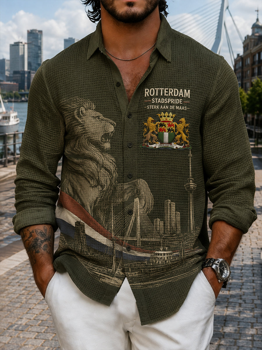 Herenoverhemd met stadsprint, lange mouwen en wafelstructuur