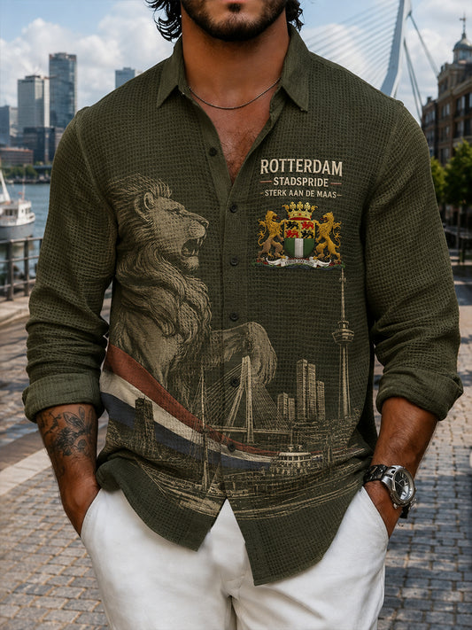 Herenoverhemd met stadsprint, lange mouwen en wafelstructuur