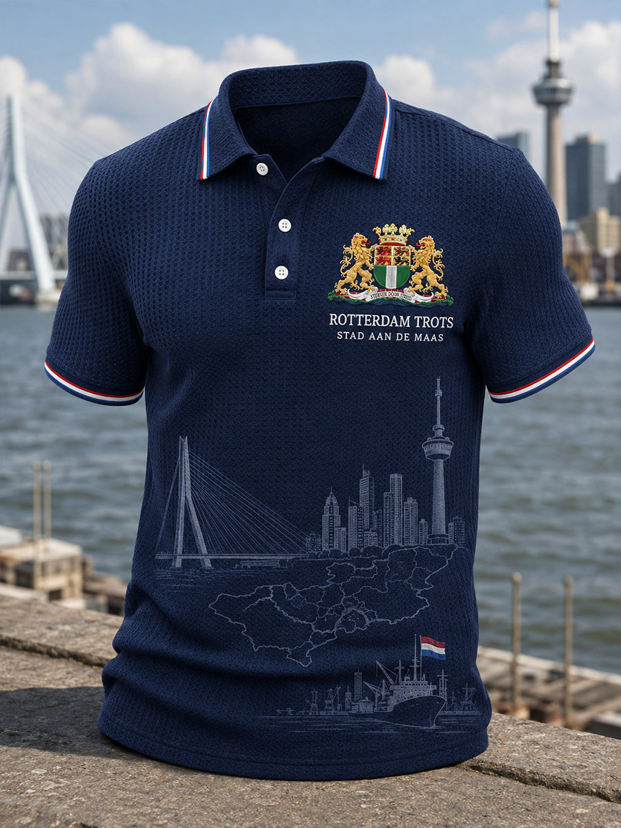 Herenpoloshirt met korte mouwen, grafisch dessin in stadsthema, gewafeld gebreid