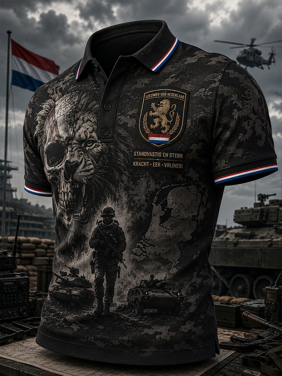 Herenpoloshirt met korte mouwen en vintageprint in militaire stijl