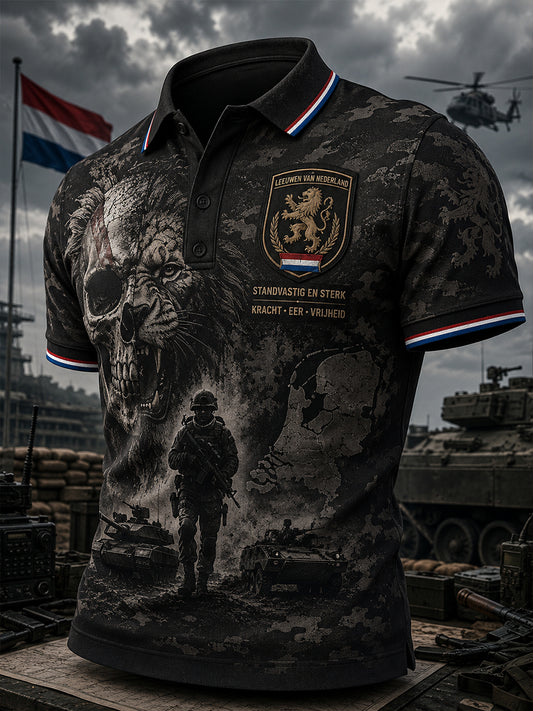 Herenpoloshirt met korte mouwen en vintageprint in militaire stijl