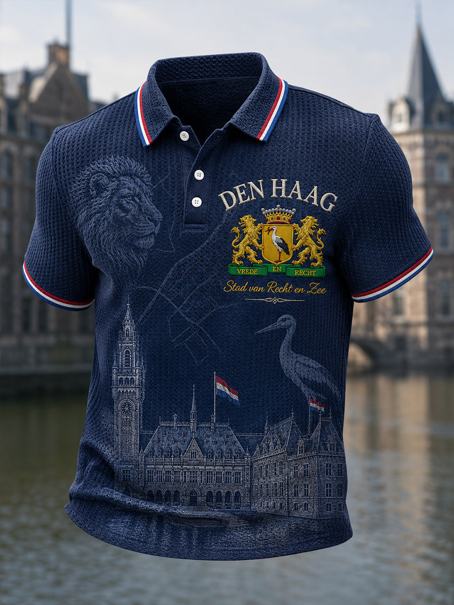Herenpoloshirt met korte mouwen, grafisch dessin in stadsthema, gewafeld gebreid