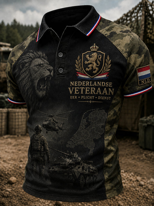 Herenpoloshirt met korte mouwen en vintageprint in militaire stijl