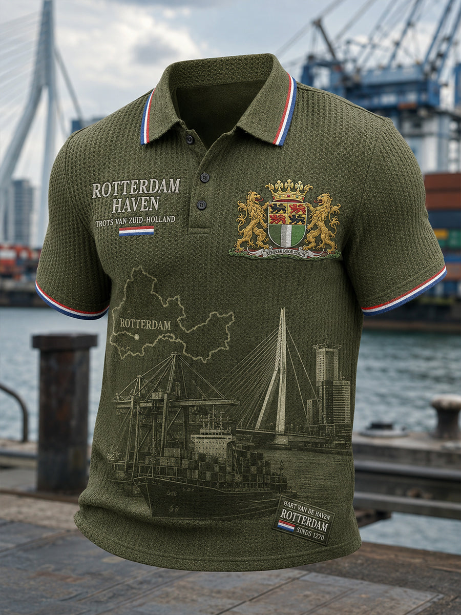 Herenpoloshirt met korte mouwen, grafisch dessin in stadsthema, gewafeld gebreid