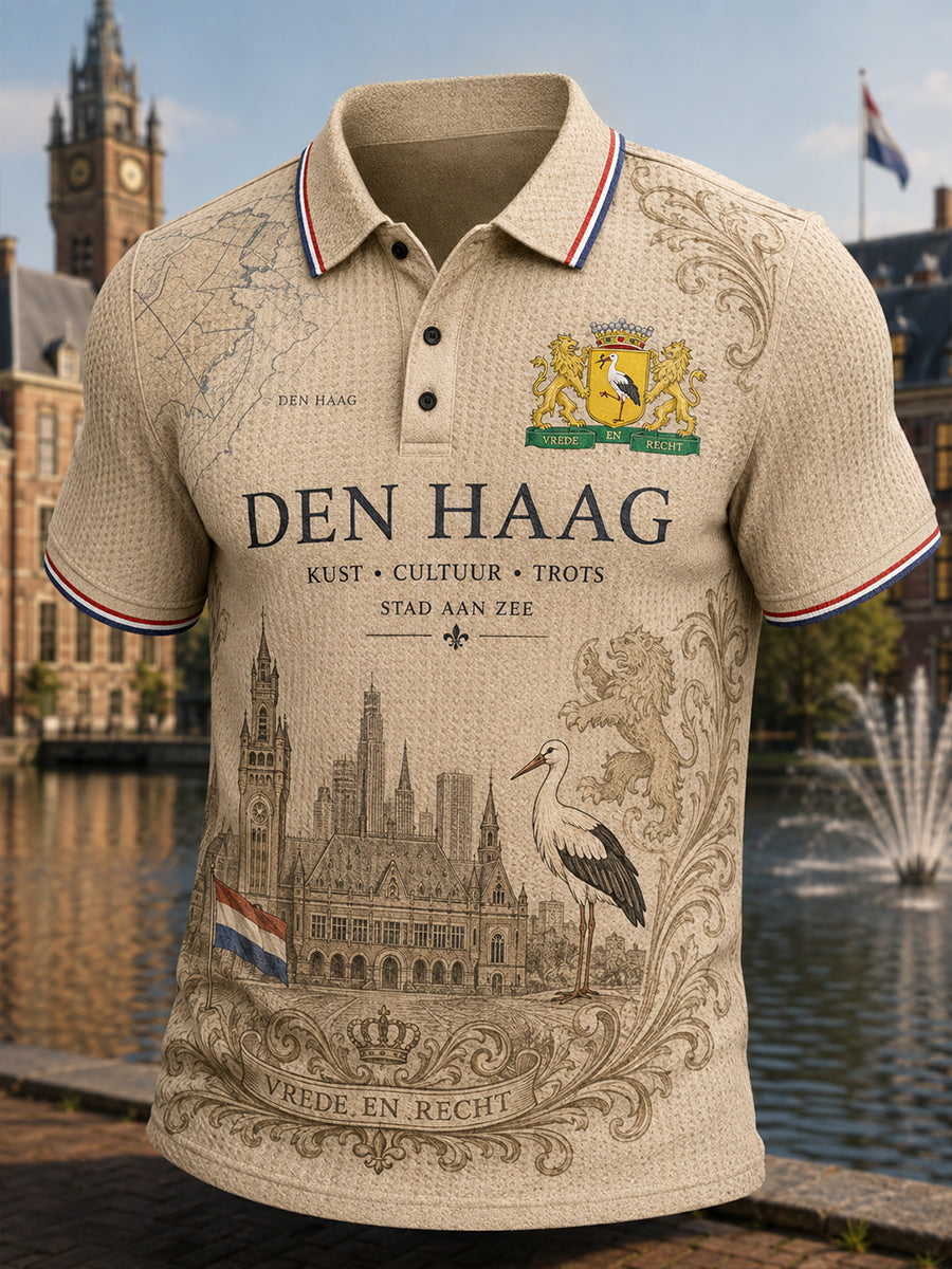 Herenpoloshirt met korte mouwen, grafisch dessin in stadsthema, gewafeld gebreid