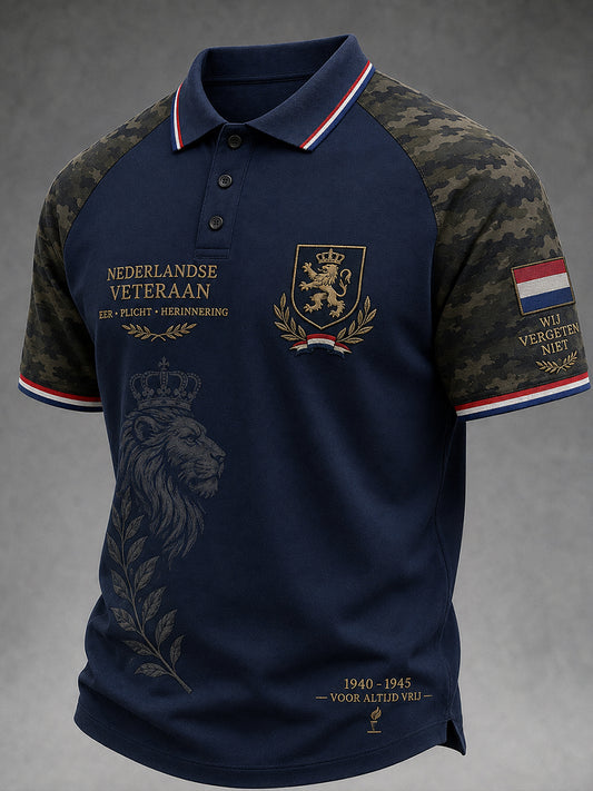 Herenpoloshirt met korte mouwen en vintageprint in militaire stijl