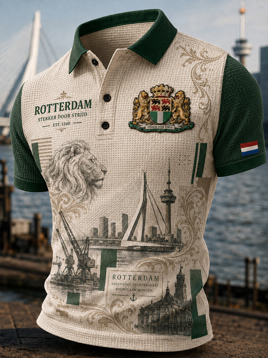 Herenpoloshirt met korte mouwen, grafisch dessin in stadsthema, gewafeld gebreid