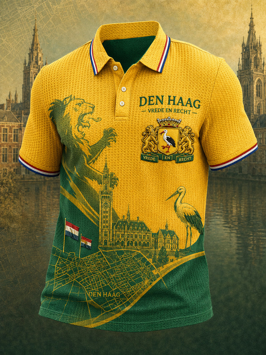 Herenpoloshirt met korte mouwen, grafisch dessin in stadsthema, gewafeld gebreid