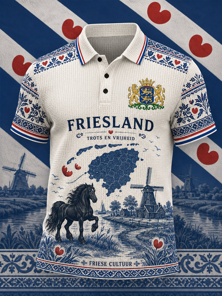Herenpoloshirt met korte mouwen, grafisch dessin in stadsthema, gewafeld gebreid