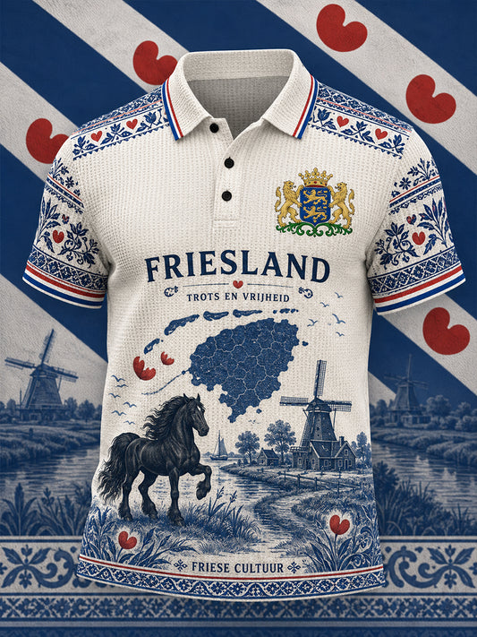 Herenpoloshirt met korte mouwen, grafisch dessin in stadsthema, gewafeld gebreid
