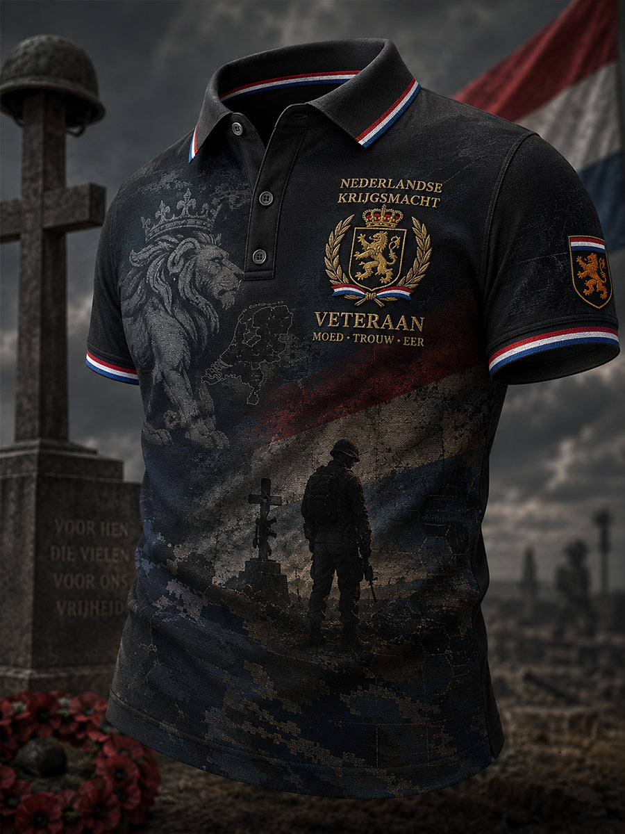 Herenpoloshirt met korte mouwen en een vintage herdenkingsprint voor militaire veteranen