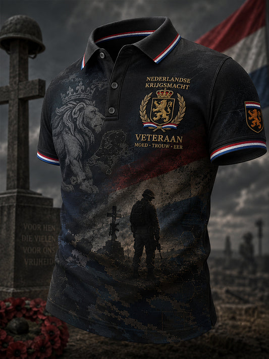 Herenpoloshirt met korte mouwen en een vintage herdenkingsprint voor militaire veteranen