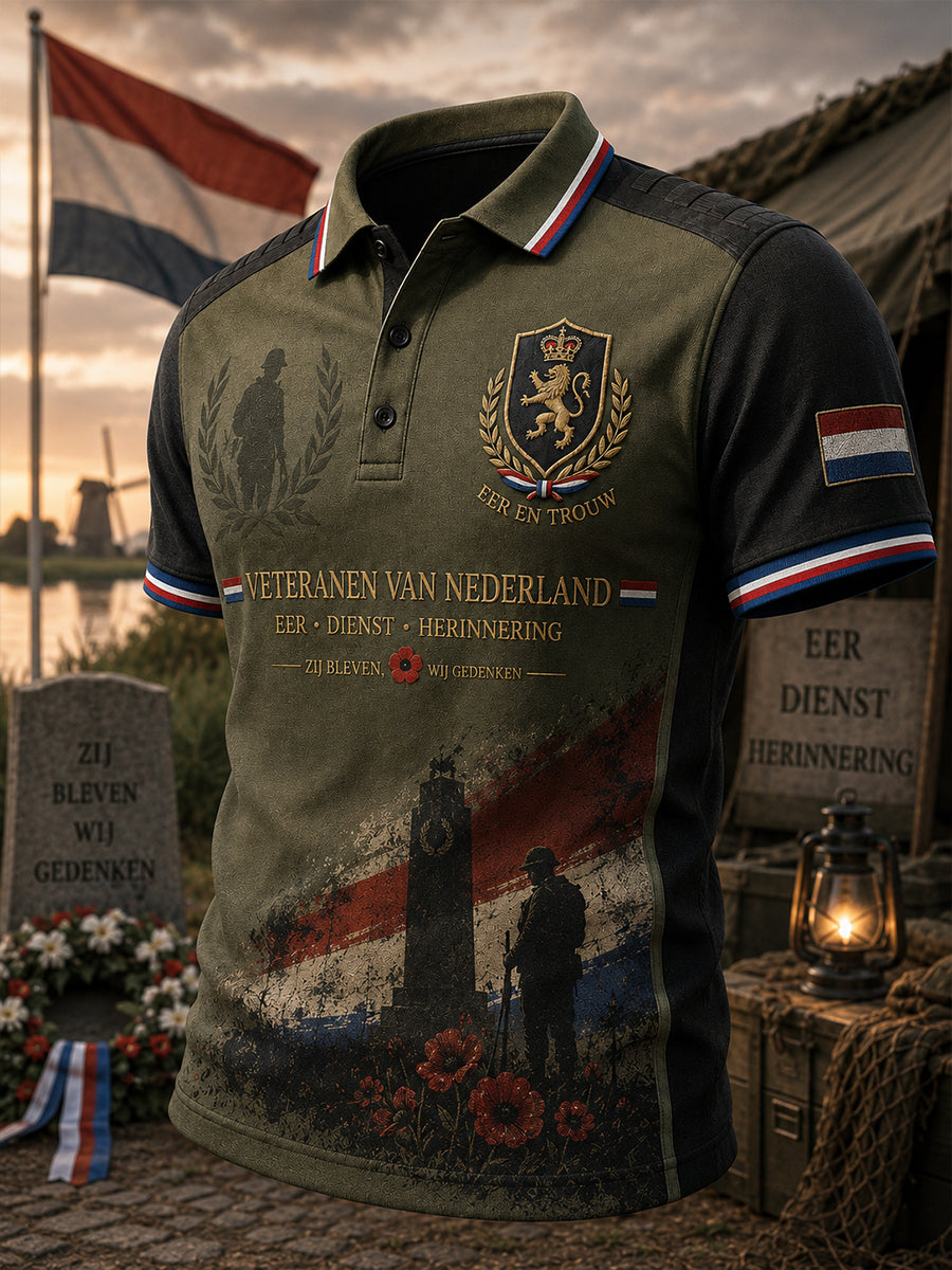 Herenpoloshirt met korte mouwen en een vintage herdenkingsprint voor militaire veteranen