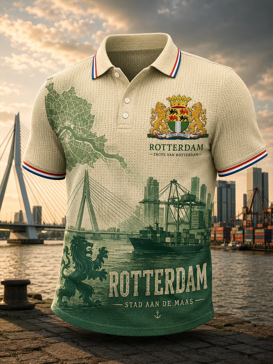 Herenpoloshirt met korte mouwen, grafisch dessin in stadsthema, gewafeld gebreid