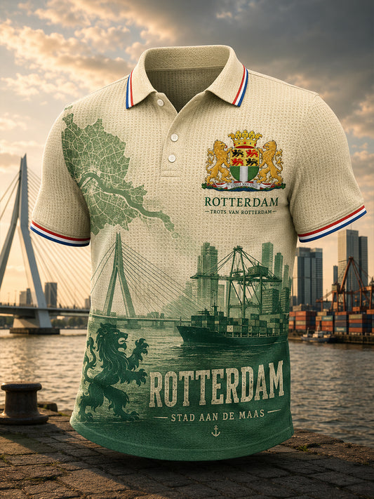 Herenpoloshirt met korte mouwen, grafisch dessin in stadsthema, gewafeld gebreid