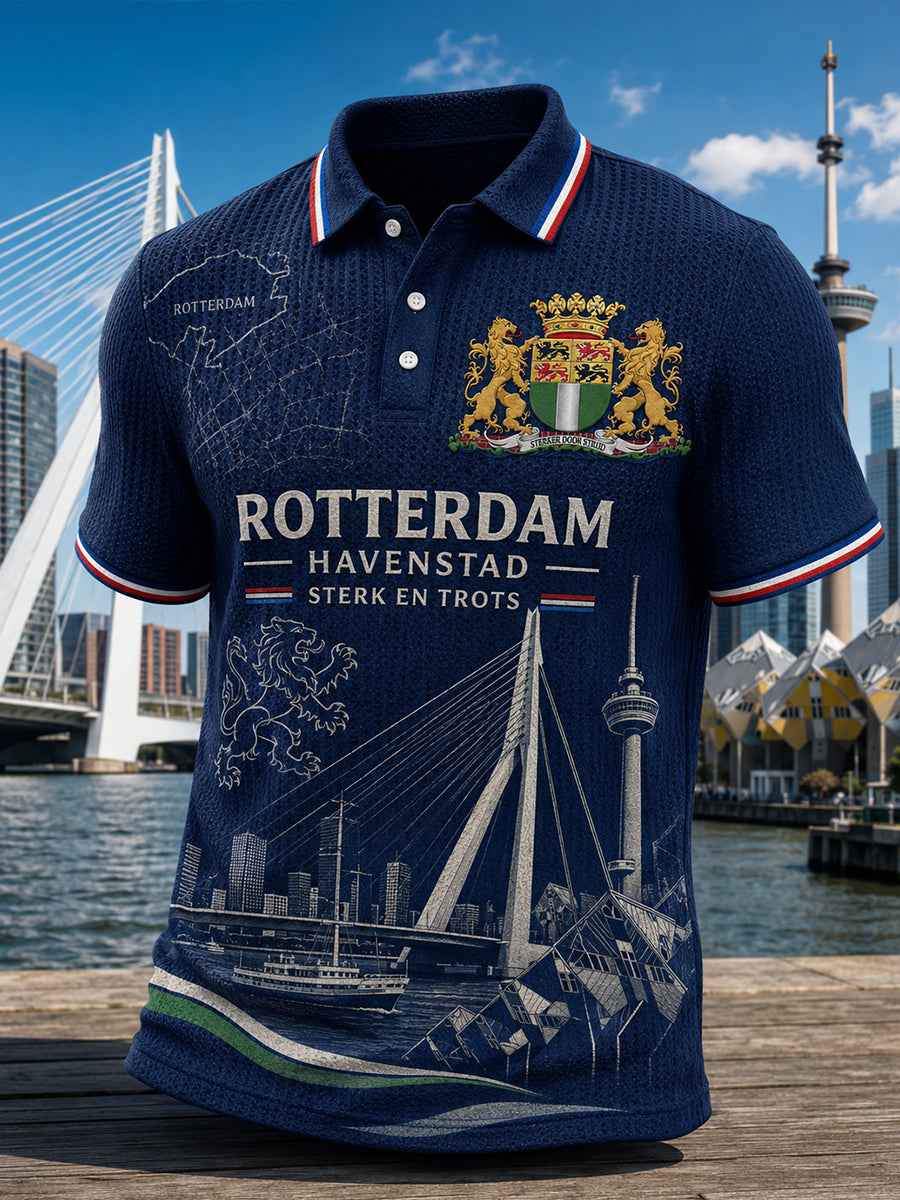 Herenpoloshirt met korte mouwen, grafisch dessin in stadsthema, gewafeld gebreid