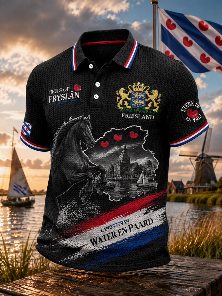 Herenpoloshirt met korte mouwen, grafisch dessin in stadsthema, gewafeld gebreid