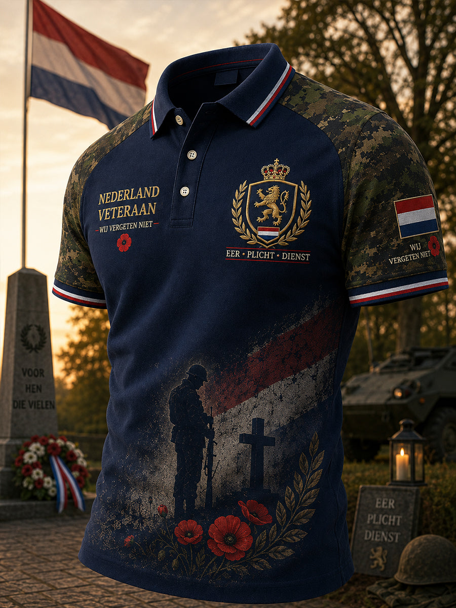 Herenpoloshirt met korte mouwen en een vintage herdenkingsprint voor militaire veteranen