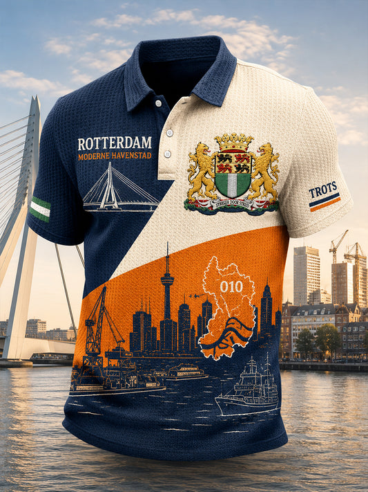 Herenpoloshirt met korte mouwen, grafisch dessin in stadsthema, gewafeld gebreid