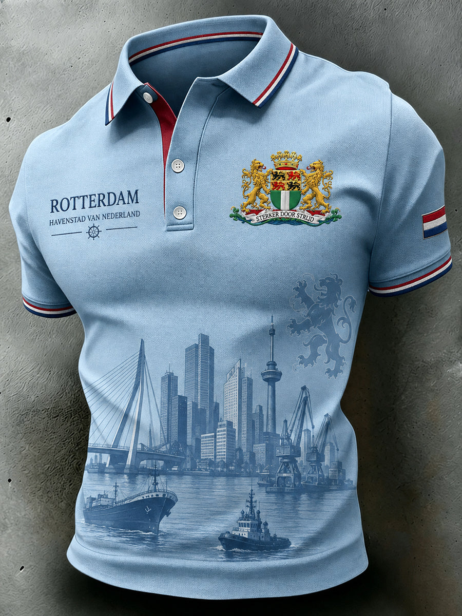 Herenpoloshirt met korte mouwen en grafische herdenkingsprint in urban-stijl