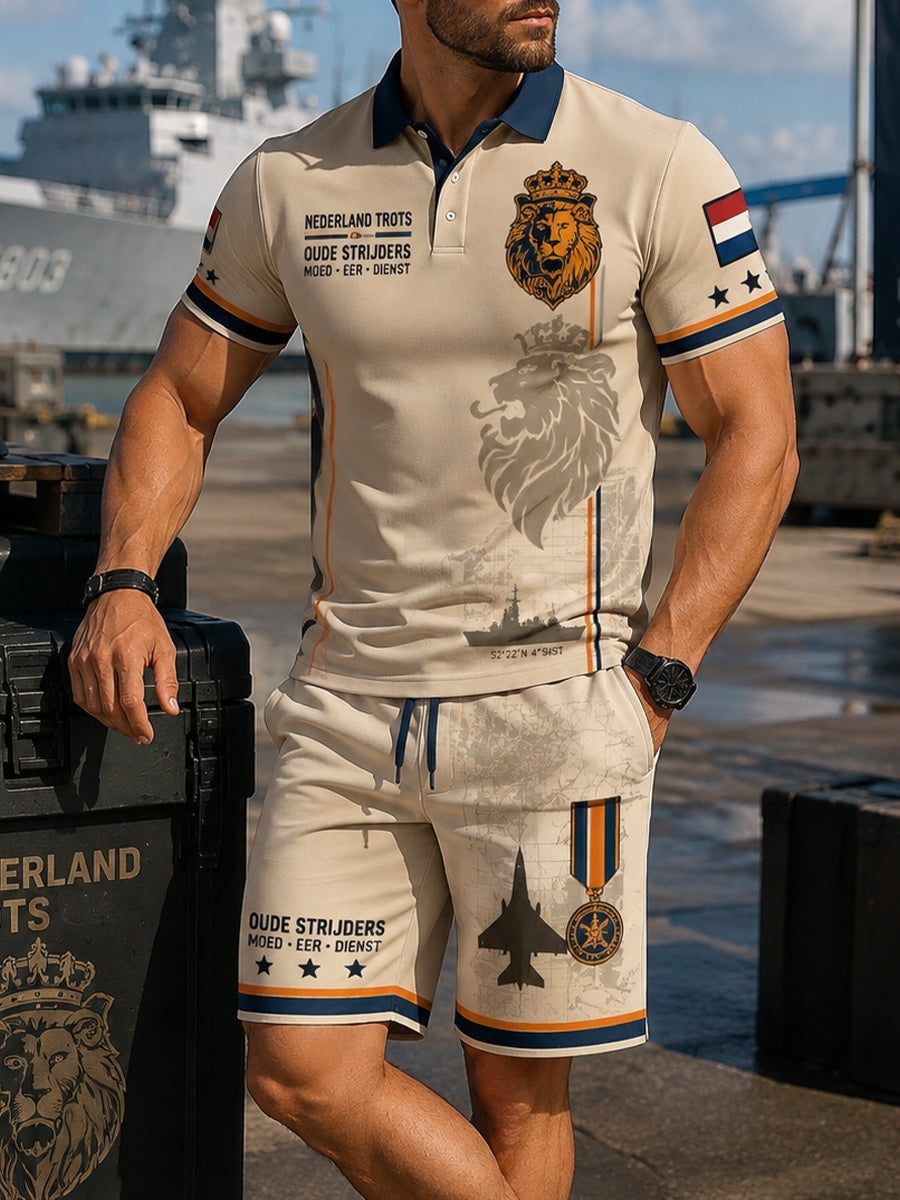 Herenset van poloshirt met korte mouwen en korte broek met militaire print