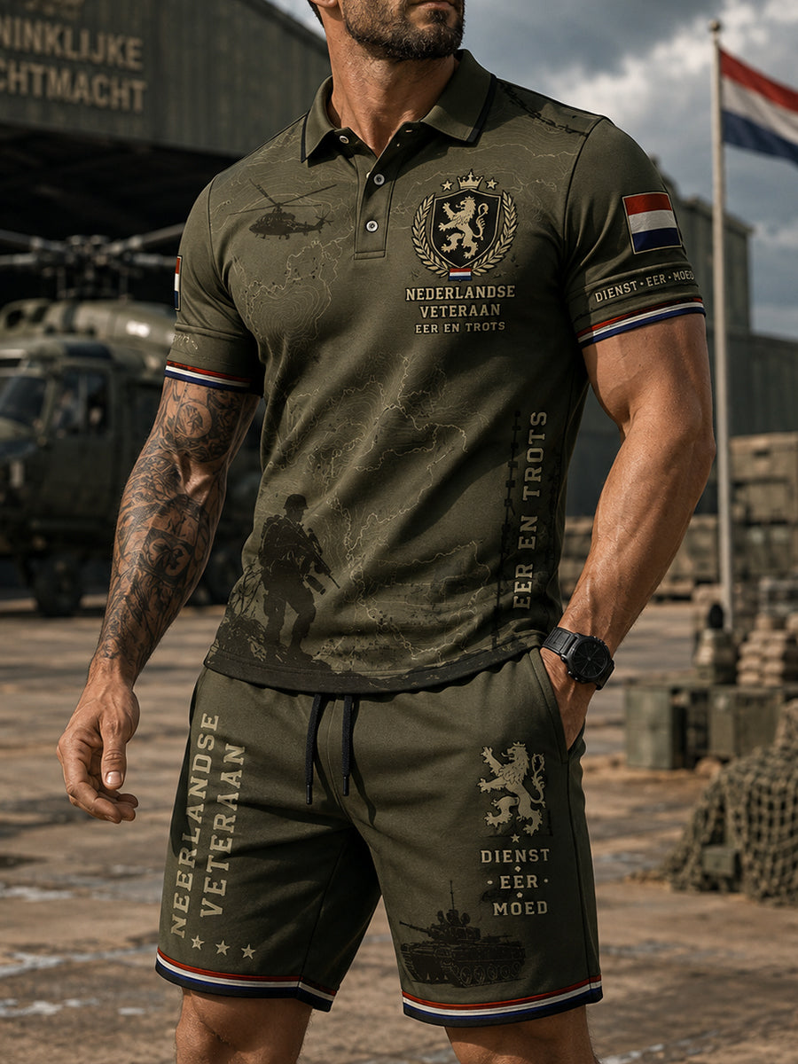 Poloshirt en korte korte broek voor heren met print in militaire stijl