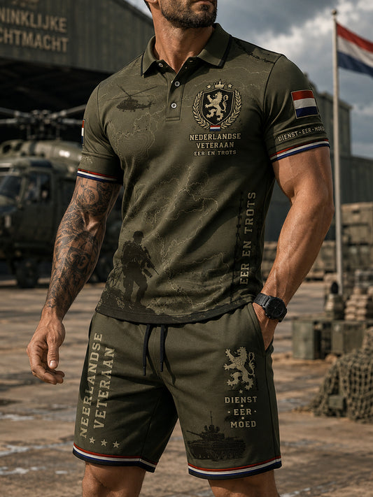 Poloshirt en korte korte broek voor heren met print in militaire stijl