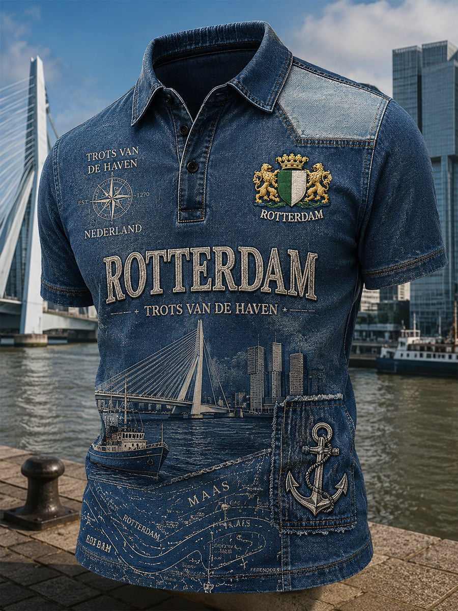 Herenpoloshirt met korte mouwen en stedelijke herdenkingsprint