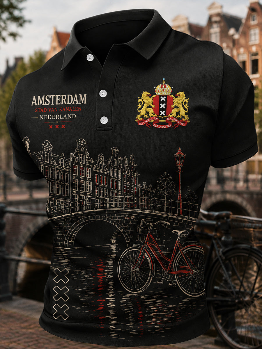 Herenpoloshirt met korte mouwen en stedelijke herdenkingsprint