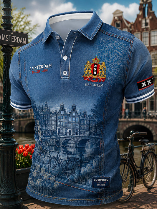 Herenpoloshirt met korte mouwen en stedelijke herdenkingsprint
