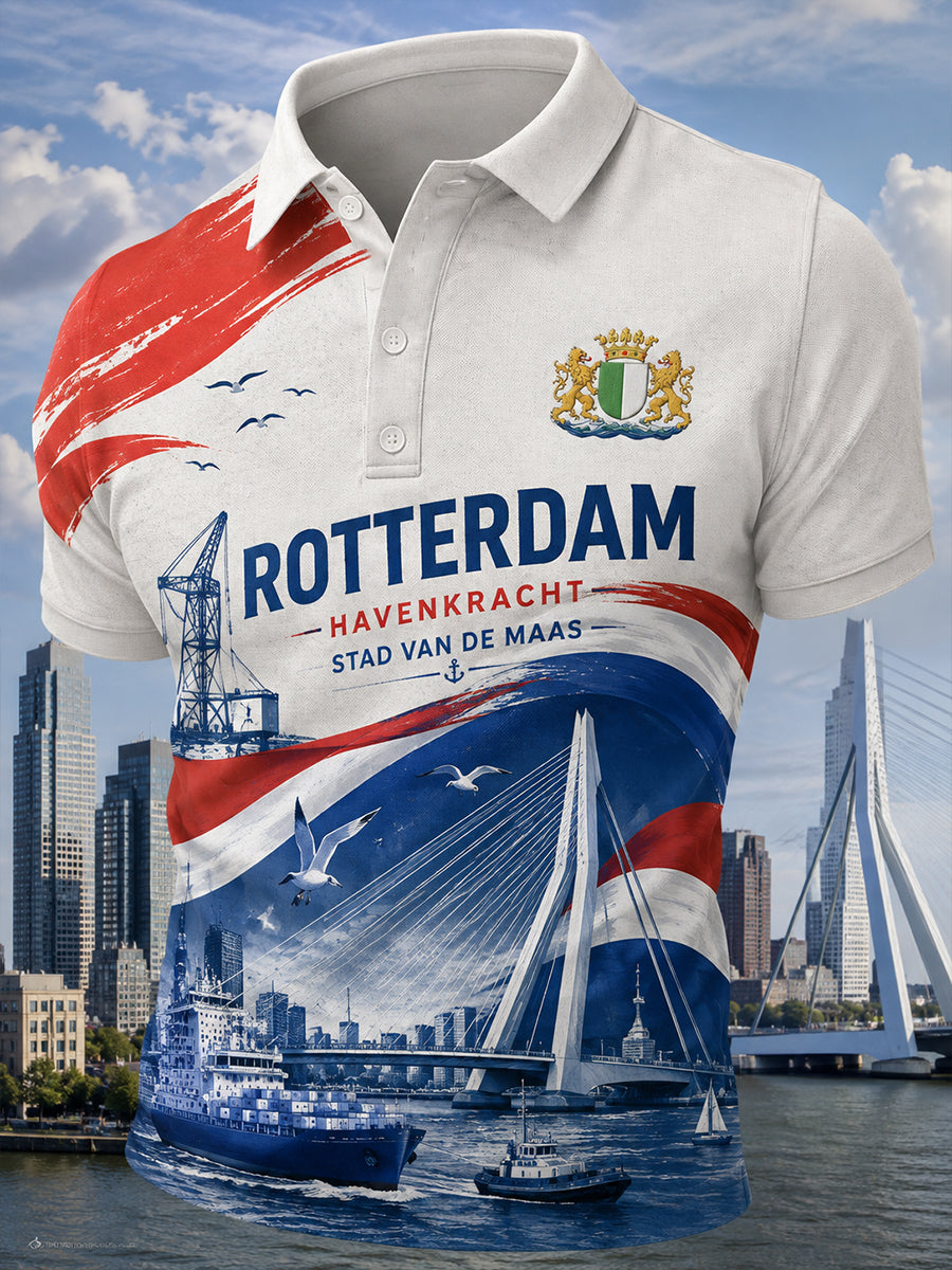 Herenpoloshirt met korte mouwen en stedelijke herdenkingsprint